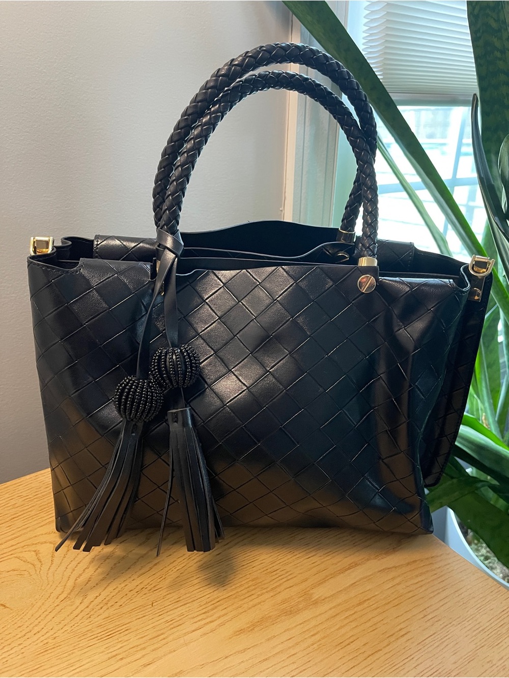 Black Faux Woven Satchel with Braided Handles and Tassels